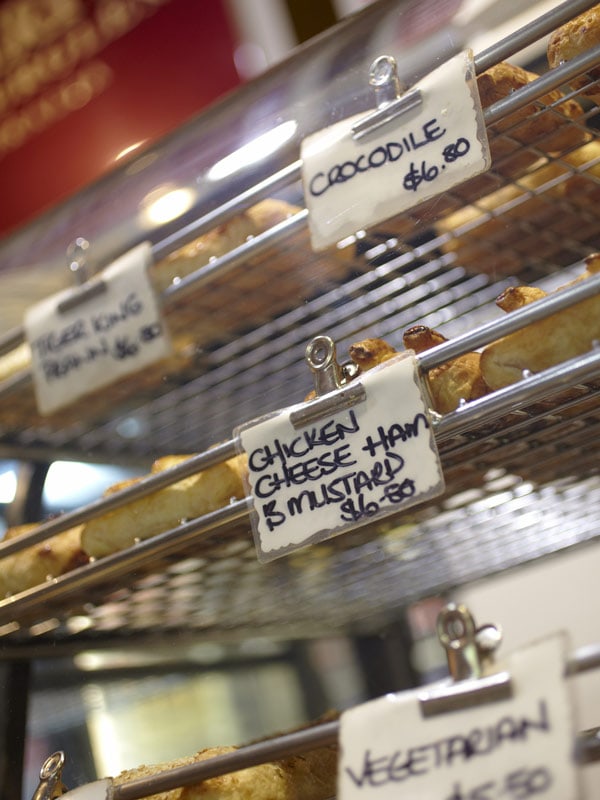 Different flavour pies at Parker Pies including Crocodile and vegetarian.