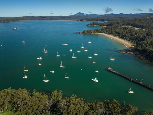 boats moored at Twofold Bay from above