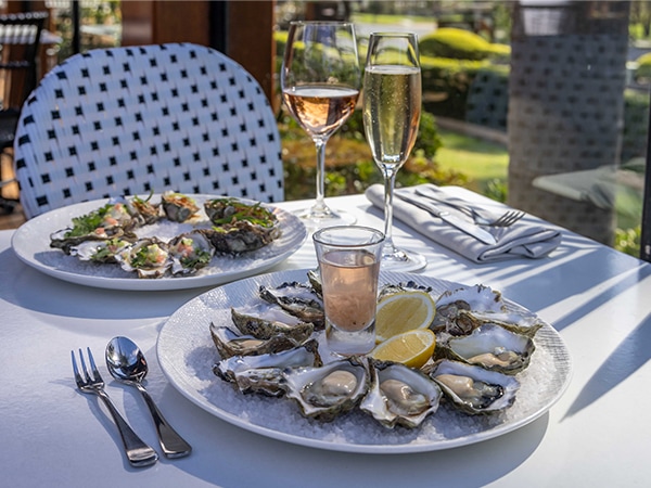 A plate of oysters and glass of rose at Wheeler's Restaurant