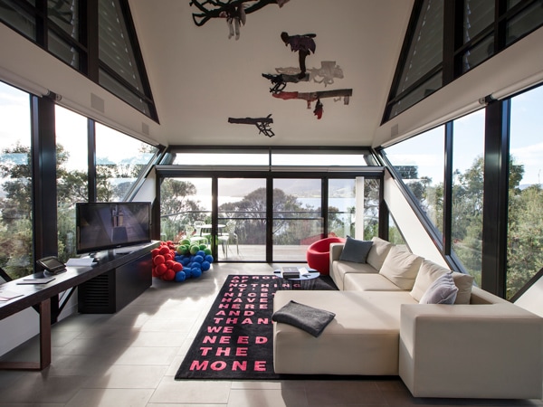 Bedroom interiors of Esmond Pavilion of the Mona Pavilions in Hobart, Tasmania, Australia