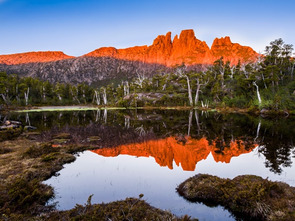 Sunset over Mt Acropolis, in the Cradle Mountain Lake St Clair national Park, Tasmania, Australia