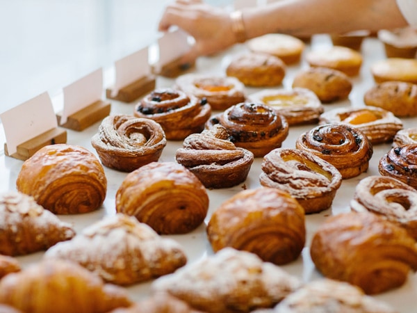 Pastries on display in Pigeon Whole Bakers in Hobart, Tasmania, Australia