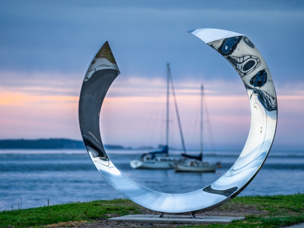 a silver ring sculpture along Batemans Bay Sculpture Walk 