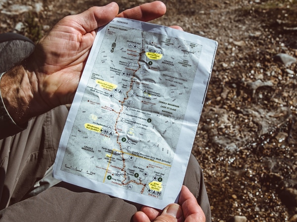 A map of the Overland Track in Tasmania, Australia