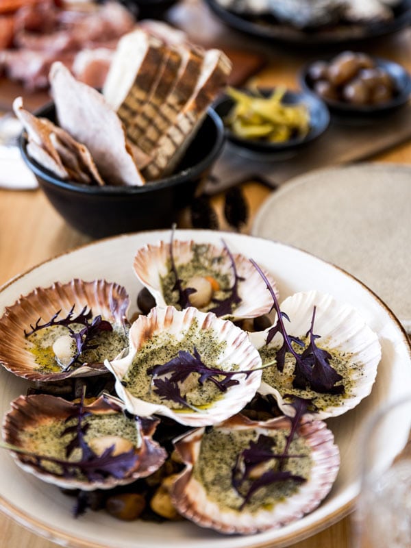 A photo of oisters on a white plate, bread in a black bowl, and olives and spreads on a platter served on a table.