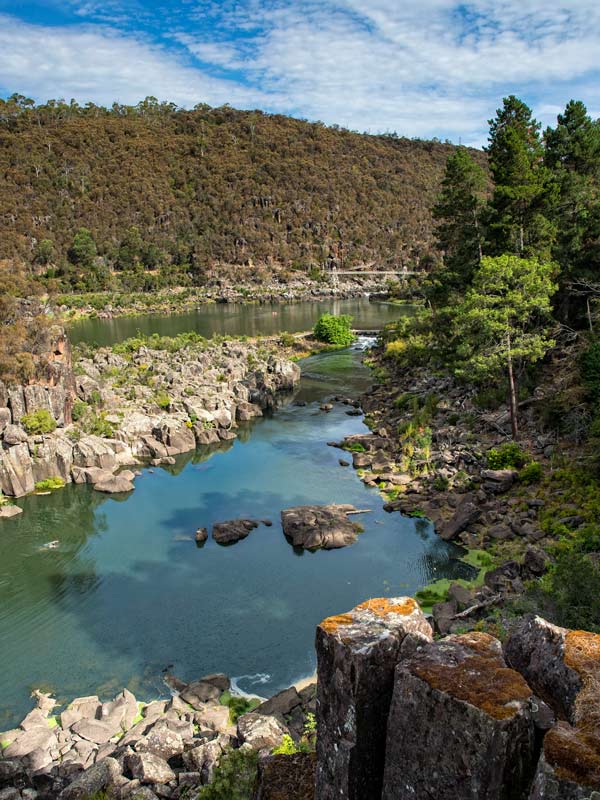 A gorge with rocks and trees in the middle of mountains.