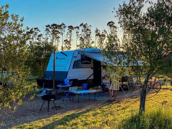 A man sitting and a woman standing next to a caravan parked on the grass and surrounded by olive trees