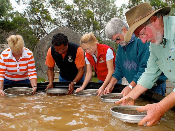 A group of people fossicking at Minerama in Glen Innes, NSW, Australia