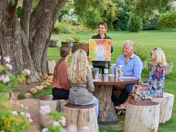 A woman holding a sign for four people sitting on chairs around a table outdoors.