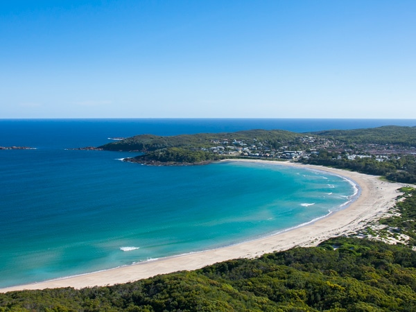 High shot of Fingal Bay. 