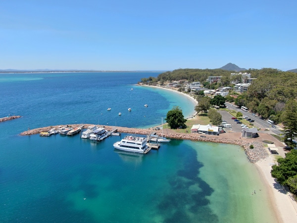 High shot of Fly Point and the Nelson Bay foreshore.