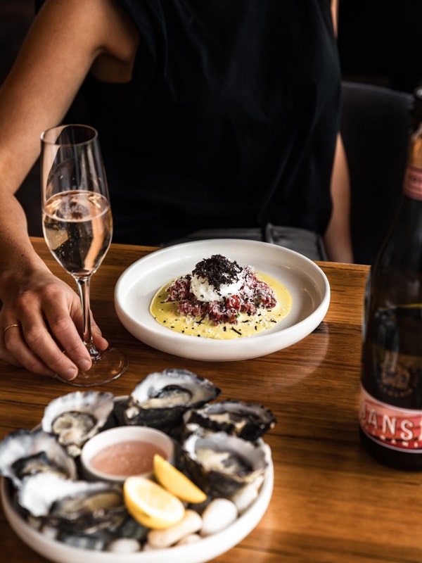 Oysters and gourmet dish at Grain of the Silos in Launceston.