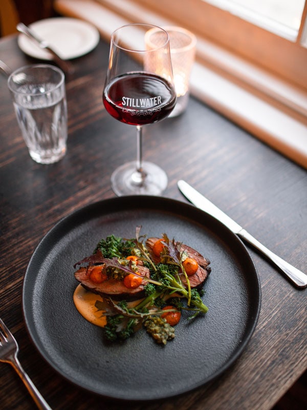 Red wine and gourmet meal at Stillwater in Launceston