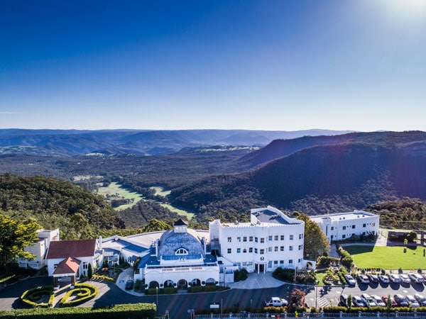 An aerial shot of the Hydro Majestic Hotel in the Blue Mountains, overlooking the Megalong Valley