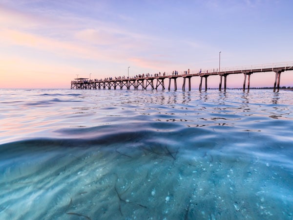 The Largs Bay Jetty at sunset in South Australia.