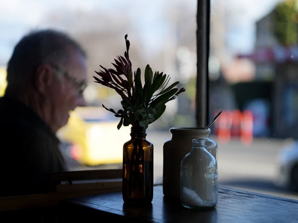 an old man sitting next to a plant in a vase at So & So cafe in Travancore