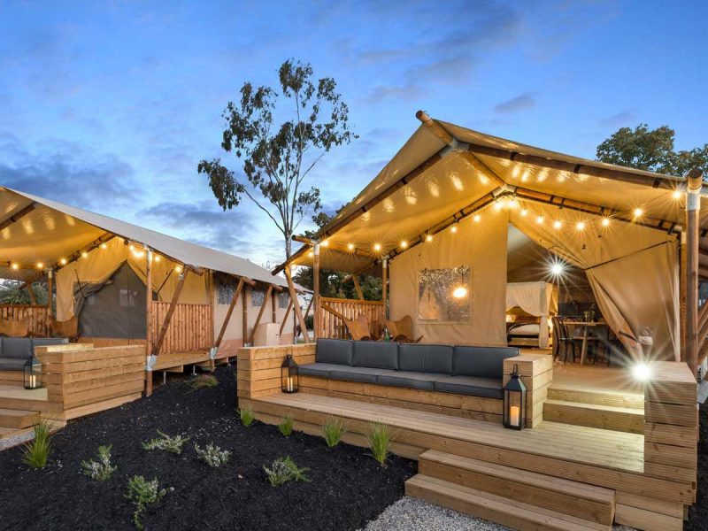glamping tents with fairy lights in BIG4 Tasman Holiday Parks