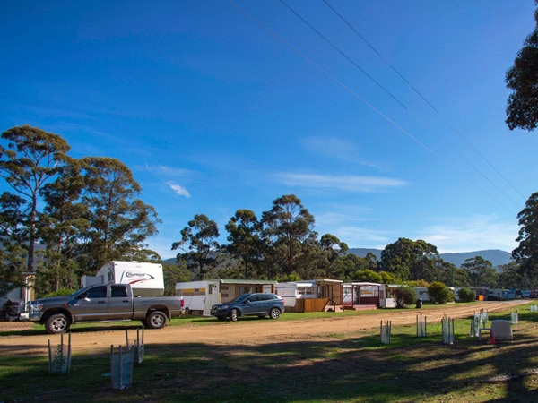 campervans parked at Captain Cook Caravan Park, Bruny Island