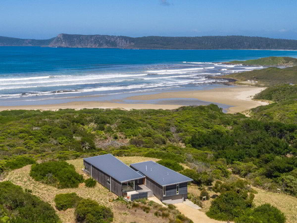 an aerial view of Cloudy Bay Beach House, Bruny Island