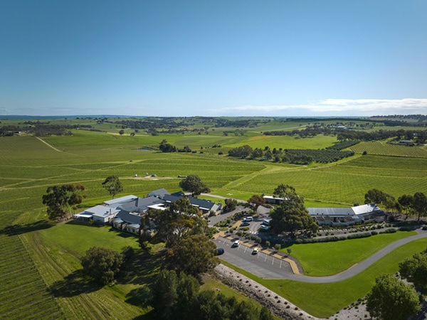 an aerial view of The Louise lodge with surrounding vineyards