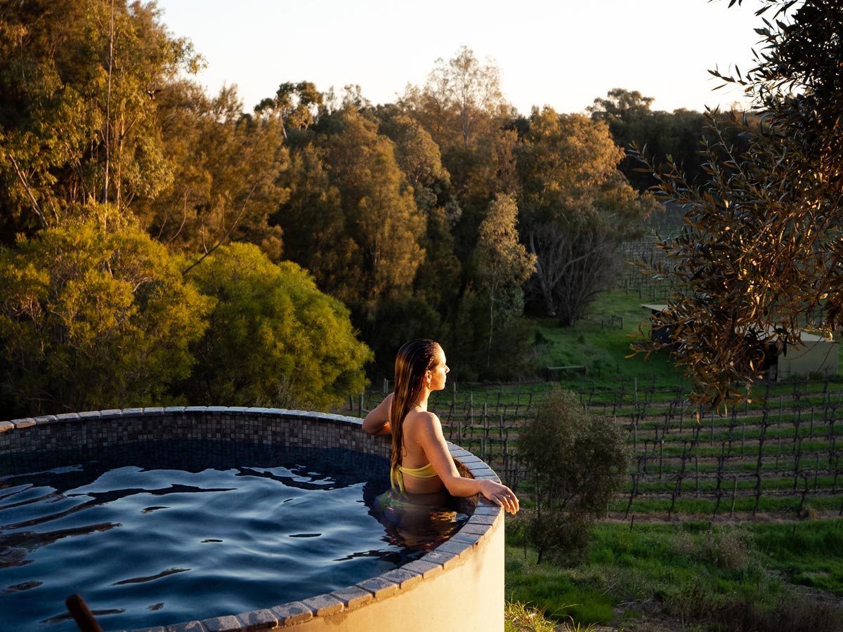 Woman in the pool overlooking vines at Rogasch Cottage in the Barossa Valley