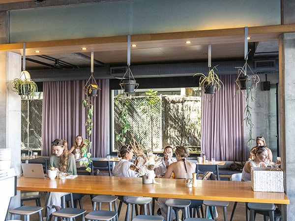 Blackwood Cronulla is an atmospheric place with sheer mauve curtains and concrete floors