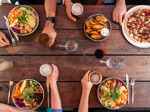 a table top view of meals at Bright Brewery