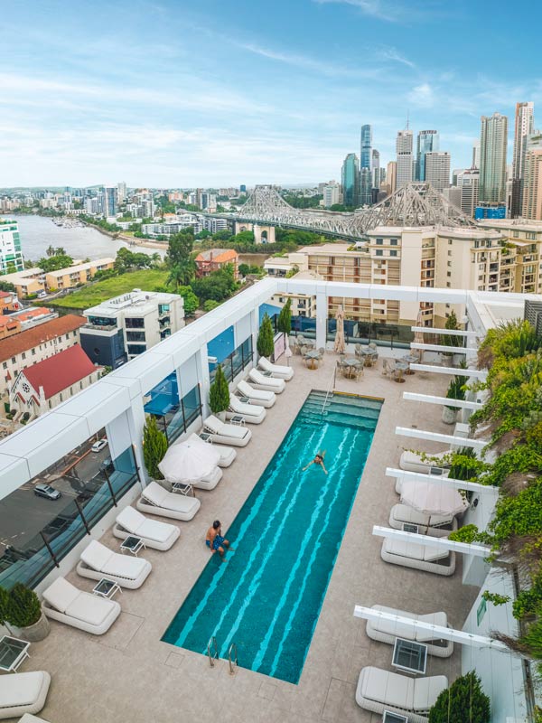 High shot of Hotel X rooftop pool in Brisbane