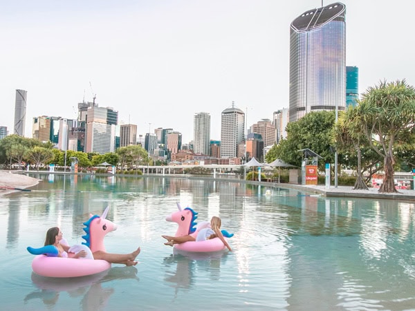 floating flamingos at Streets Beach, South Bank