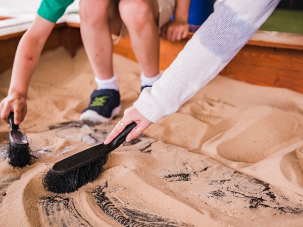 visitors brushing sand to uncover hidden dinosaur fossils at National Dinosaur Museum