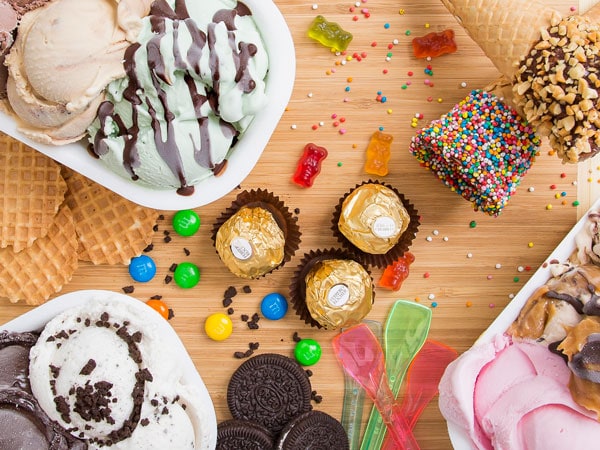 a table-top view of assorted candies and gelato at The Gelato Shop, Gold Coast