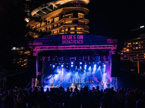 a brightly lit concert stage during the Blues on Broadbeach 2021