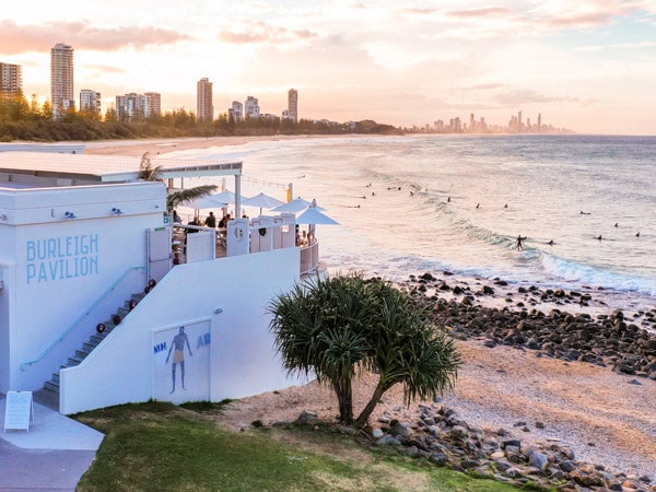 a drone shot of Burleigh Pavilion, Burleigh Heads at sunset