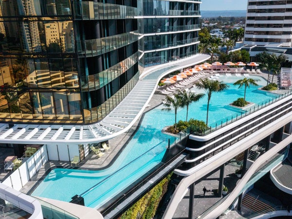 an aerial view of the outdoor pool at Dorsett Gold Coast