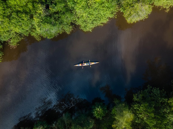 Aerial shot of someone kayaking along Noosa River