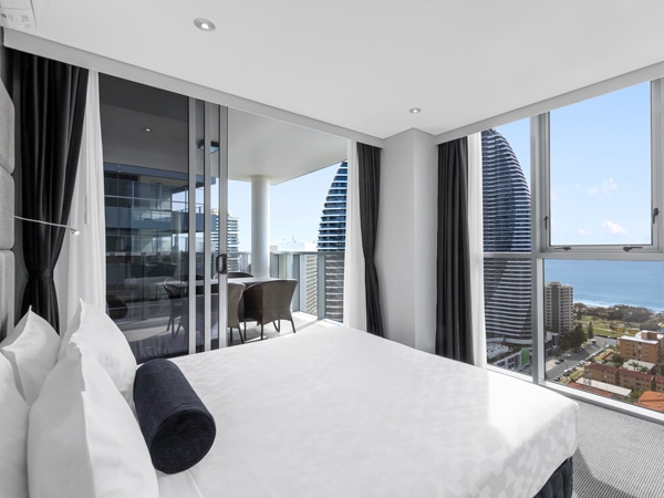 the bedroom interior at Meriton Suites Broadbeach