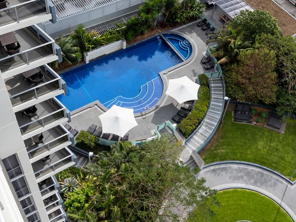 an overhead shot of the outdoor pool at Meriton Suites Broadbeach