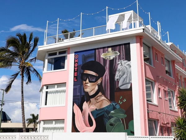 the front facade of The Pink Hotel, Coolangatta Beach