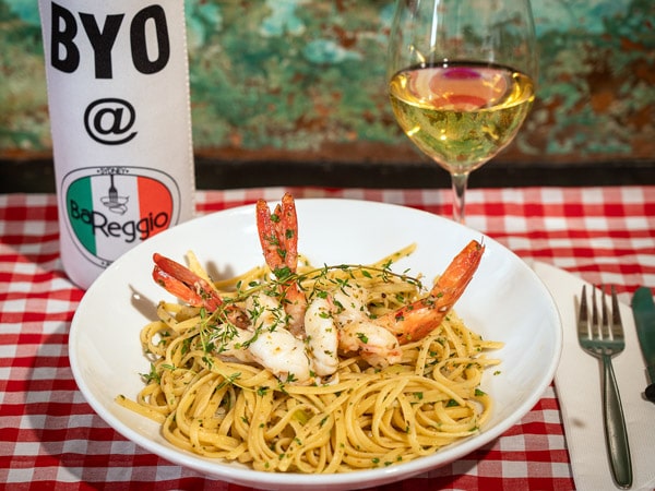 a shrimp pasta dish at Bar Reggio