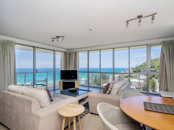 the living room interior with beach views at Burleigh Beach Tower