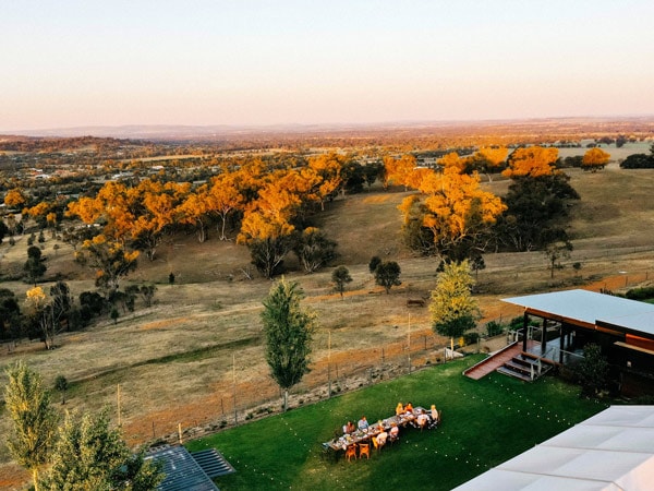 Aerial shot of Food I Am cooking class eating on long table in Wagga Wagga