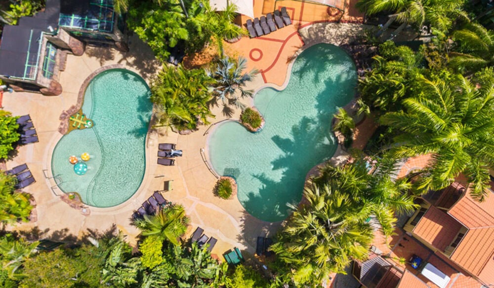 an aerial view of the pool at Ashmore Palms Holiday Village, Gold Coast