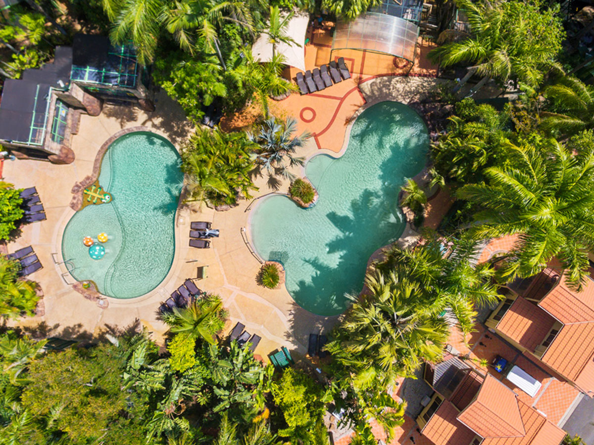 an aerial view of the pool at Ashmore Palms Holiday Village, Gold Coast