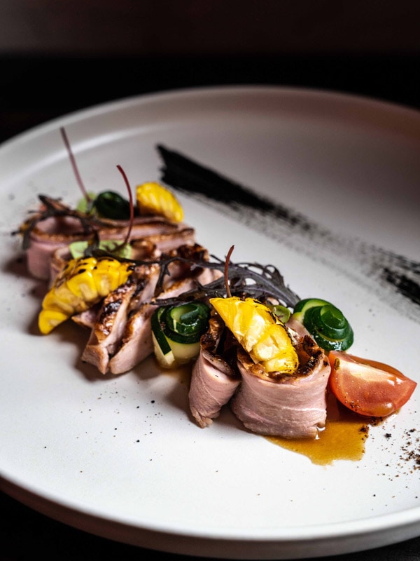 roasted duck breast with corn salad and sesame miso sauce