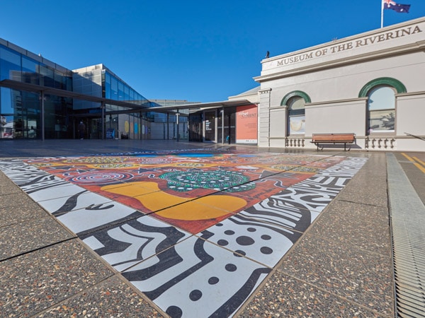 indigenous art adorning the pavement outside the The Wagga Wagga Civic Centre and the Museum of the Riverina