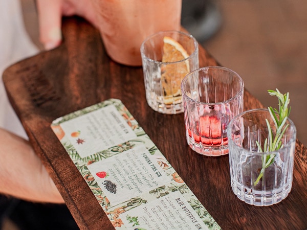 three glasses of Gin Cocktails on the table at Pomona Distillery, Noosa