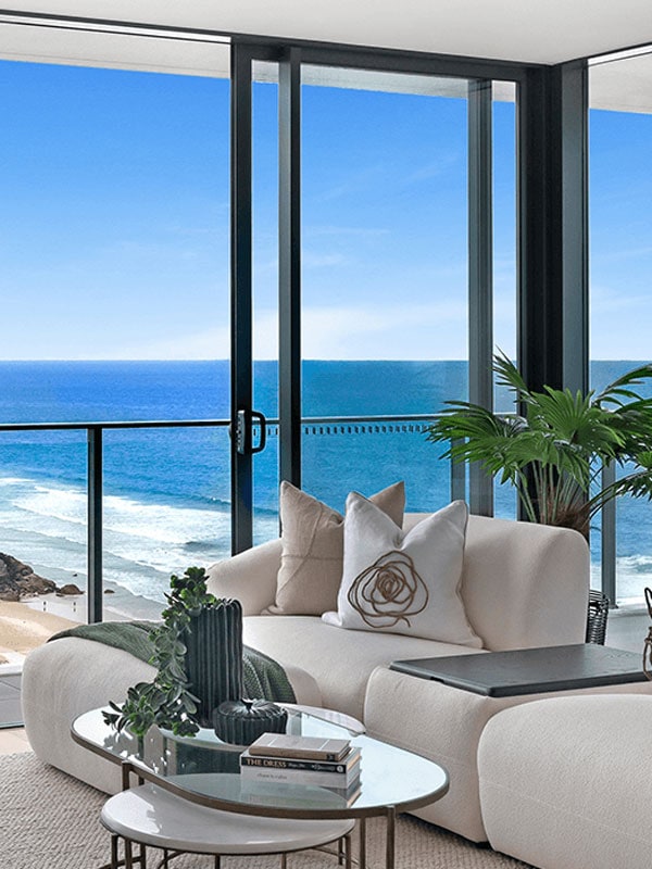 the living room overlooking the beach at Sandbar Burleigh