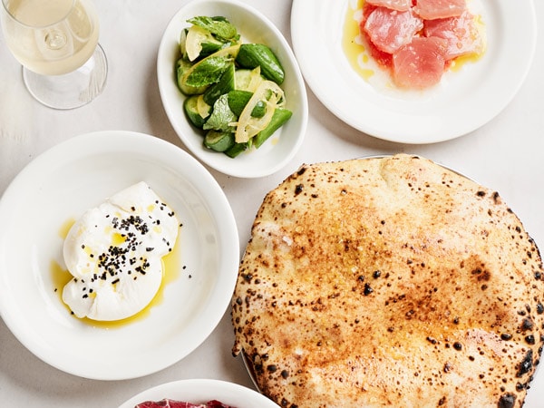 Woodfired bread, burrata and sashimi from Totti's Lorne