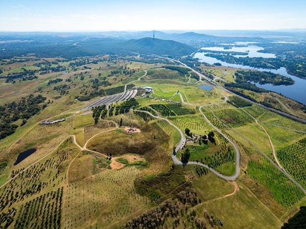 an aerial view of National Arboretum, Canberra