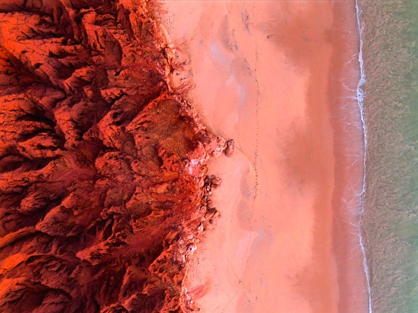 an aerial view of the beach at James Price Point, Broome